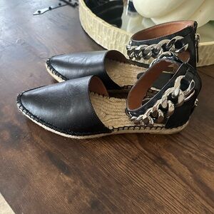 Givenchy Black Leather Espadrille Flats with Silver Chain Ankle Strap